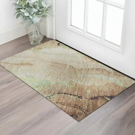 Coffee Mint Green And Beige Abstract Washable Area Rug With UV Protection Photo 2