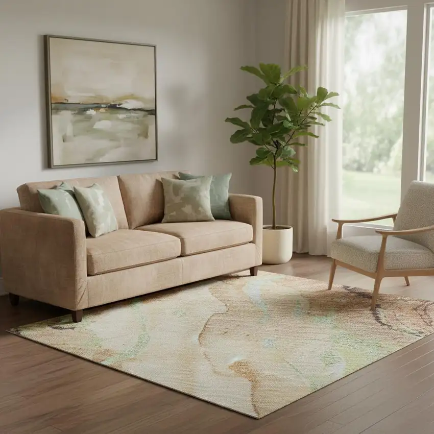 Coffee Mint Green And Beige Abstract Washable Area Rug With UV Protection Photo 2