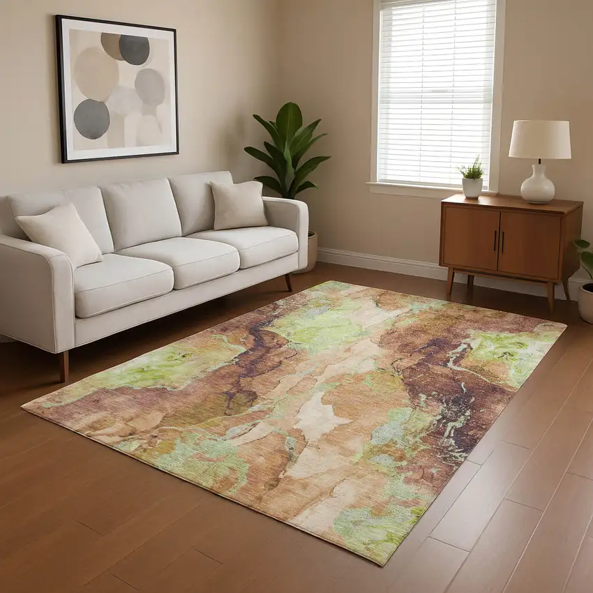 Coffee Mint Green And Beige Abstract Washable Area Rug With UV Protection Photo 3