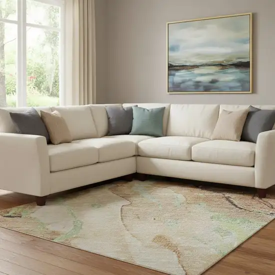 Coffee Mint Green And Beige Abstract Washable Area Rug With UV Protection Photo 2