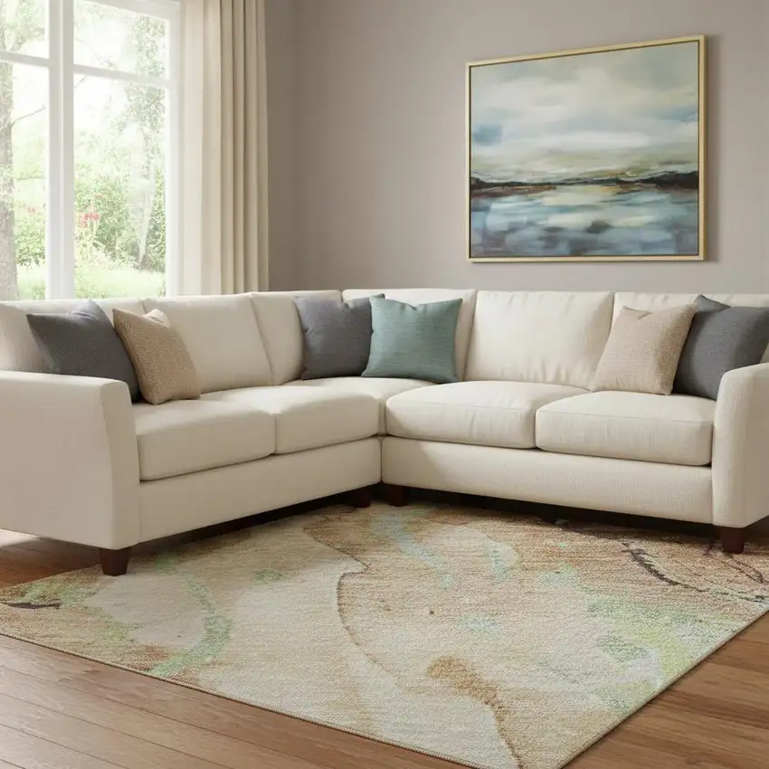 Coffee Mint Green And Beige Abstract Washable Area Rug With UV Protection Photo 2