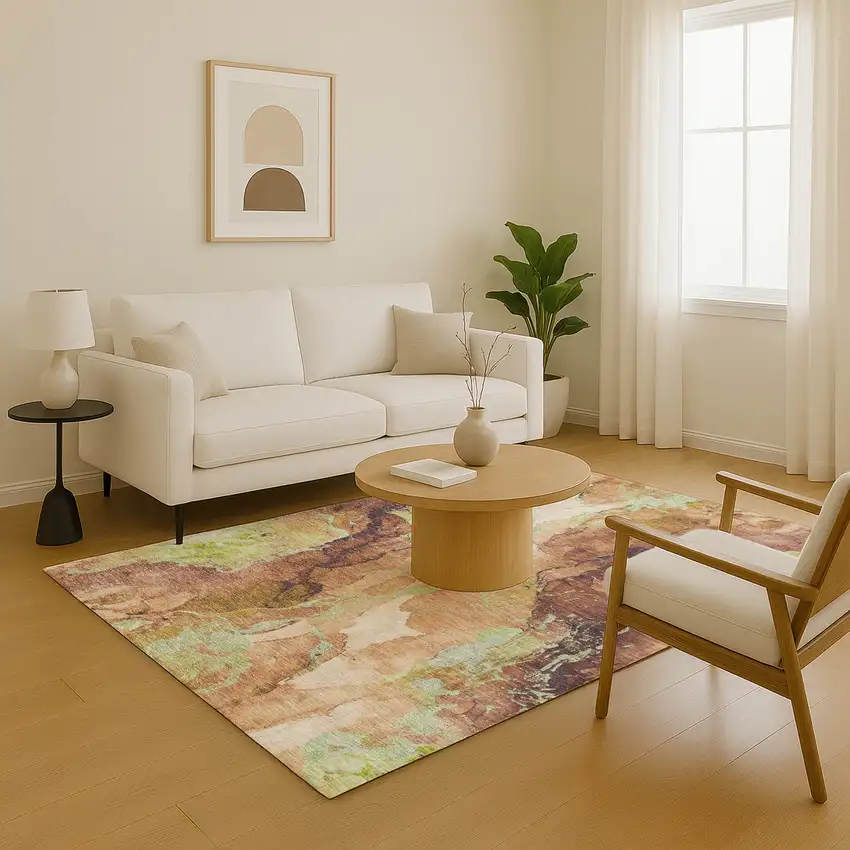 Coffee Mint Green And Beige Abstract Washable Area Rug With UV Protection Photo 5