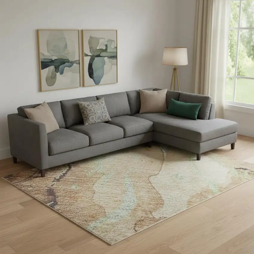 Coffee Mint Green And Beige Abstract Washable Area Rug With UV Protection Photo 2