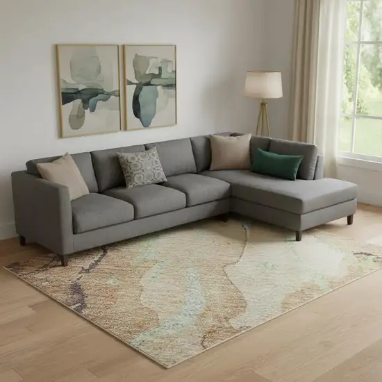 Coffee Mint Green And Beige Abstract Washable Area Rug With UV Protection Photo 2