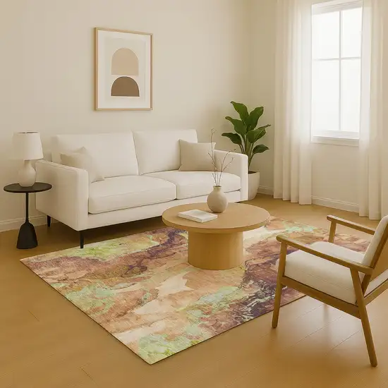 Coffee Mint Green And Beige Abstract Washable Area Rug With UV Protection Photo 5