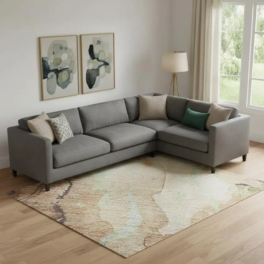 Coffee Mint Green And Beige Abstract Washable Area Rug With UV Protection Photo 2