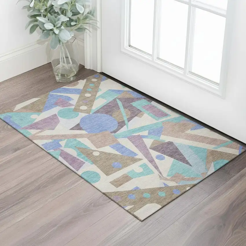 Coffee Purple And Teal Geometric Washable Area Rug With UV Protection Photo 2