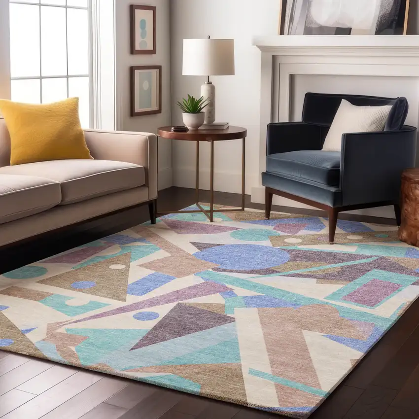 Coffee Purple And Teal Geometric Washable Area Rug With UV Protection Photo 5