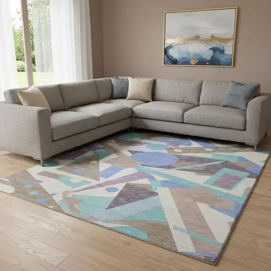 Coffee Purple And Teal Geometric Washable Area Rug With UV Protection Photo 2