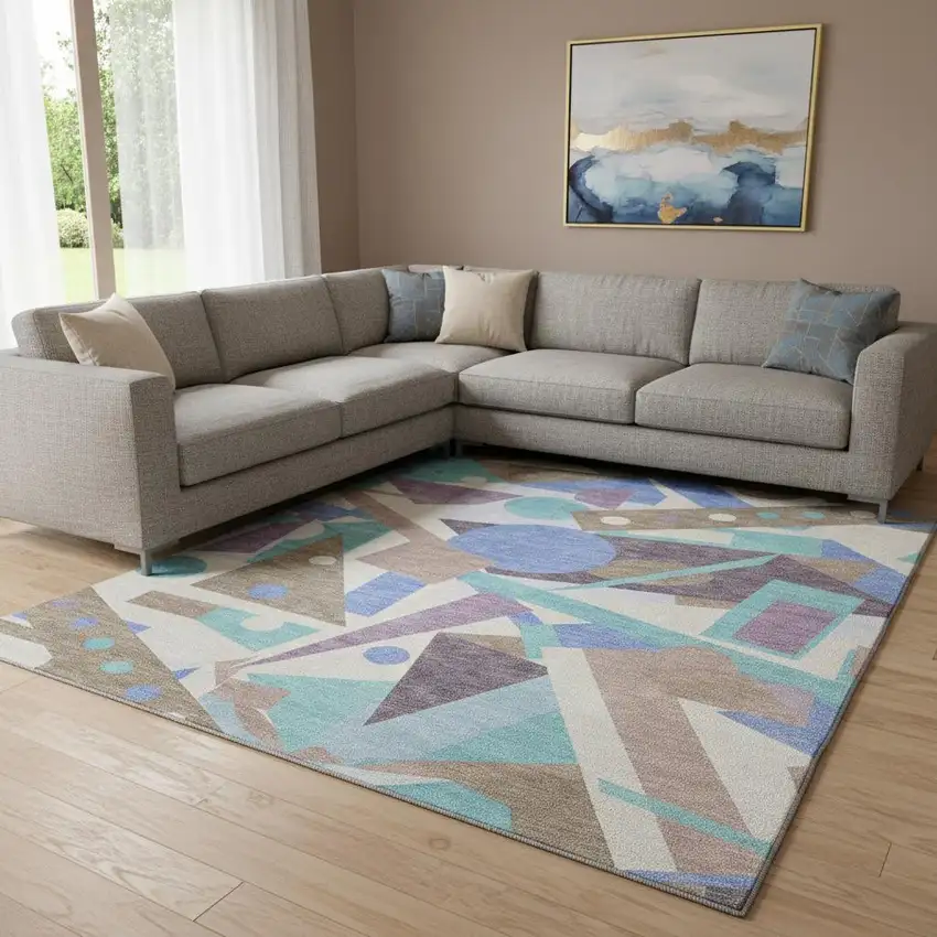 Coffee Purple And Teal Geometric Washable Area Rug With UV Protection Photo 2