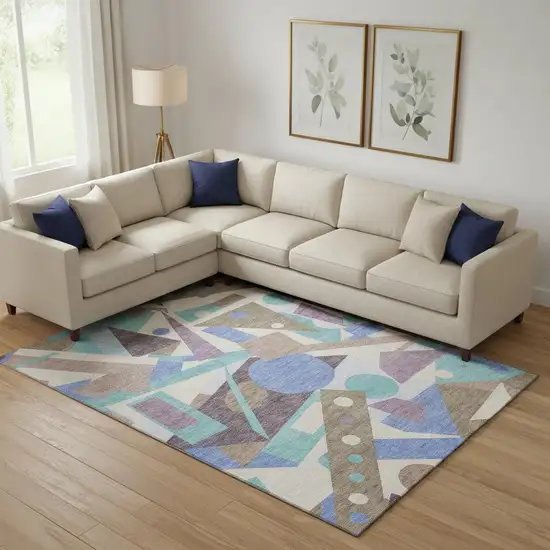 Coffee Purple And Teal Geometric Washable Area Rug With UV Protection Photo 2