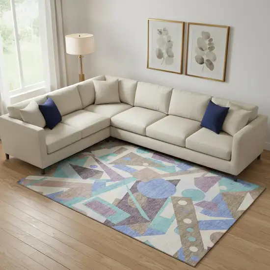 Coffee Purple And Teal Geometric Washable Area Rug With UV Protection Photo 2