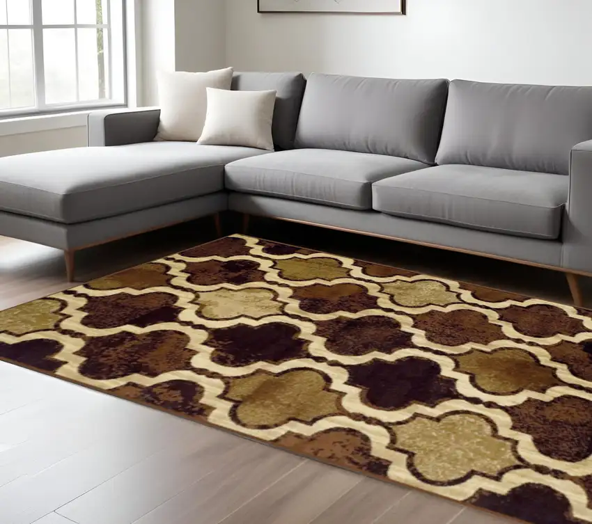 Coffee Beige And Black Quatrefoil Distressed Area Rug Photo 1