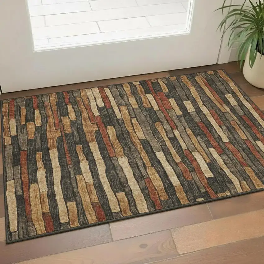 Coffee Rust And Copper Striped Washable Area Rug With UV Protection Photo 2