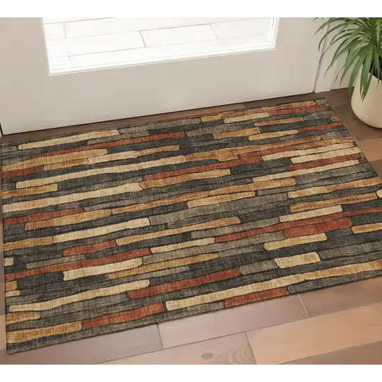 Coffee Rust And Copper Striped Washable Area Rug With UV Protection Photo 1