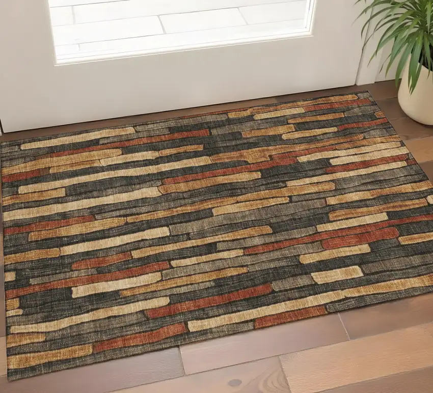 Coffee Rust And Copper Striped Washable Area Rug With UV Protection Photo 1