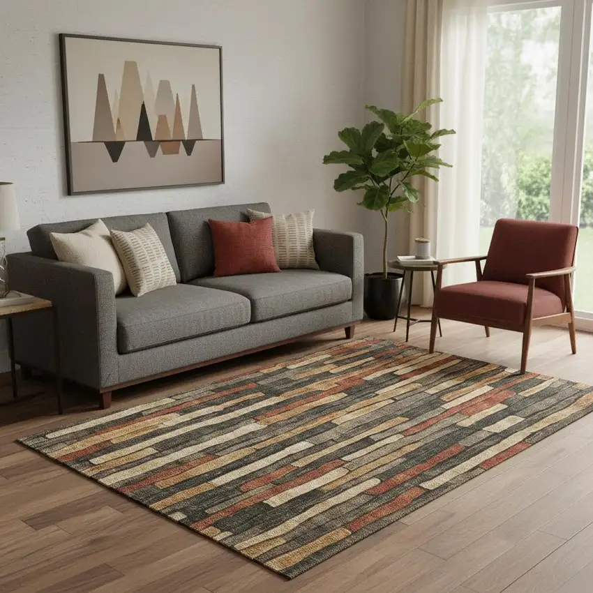 Coffee Rust And Copper Striped Washable Area Rug With UV Protection Photo 2