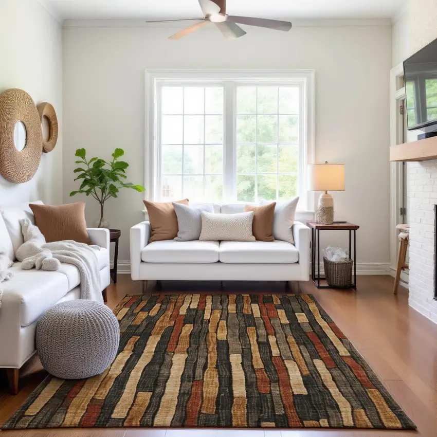 Coffee Rust And Copper Striped Washable Area Rug With UV Protection Photo 3