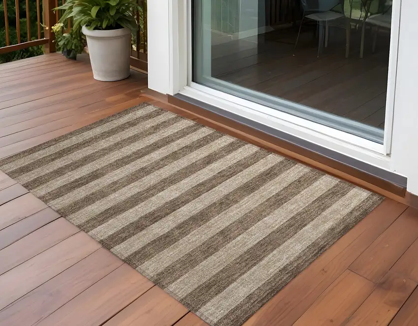 Coffee Striped Washable Non Skid Indoor Outdoor Area Rug Photo 1