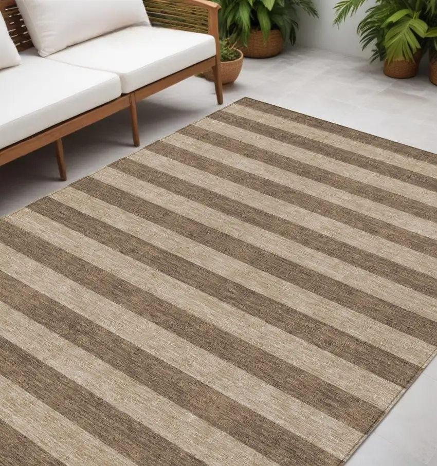 Coffee Striped Washable Indoor Outdoor Area Rug Photo 1