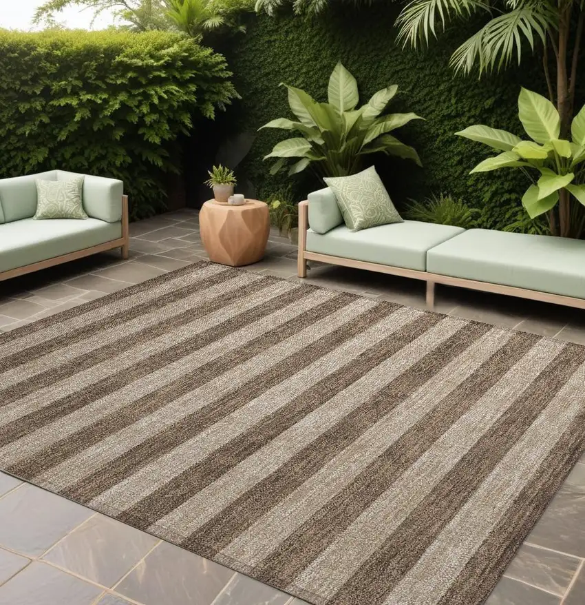 Coffee Striped Washable Non Skid Indoor Outdoor Area Rug Photo 1