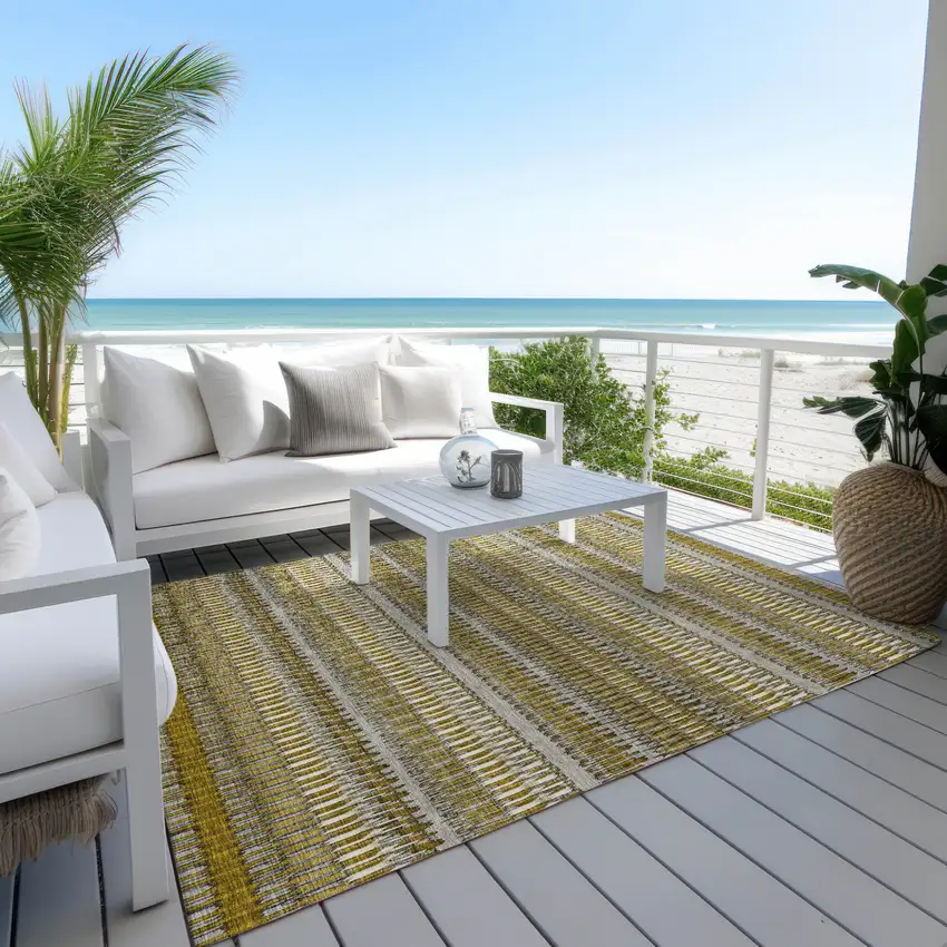 Coffee And Taupe Striped Washable Indoor Outdoor Area Rug Photo 9