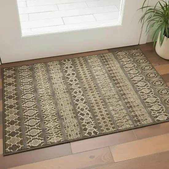 Coffee Taupe And Ivory Ikat Washable Area Rug With UV Protection Photo 2