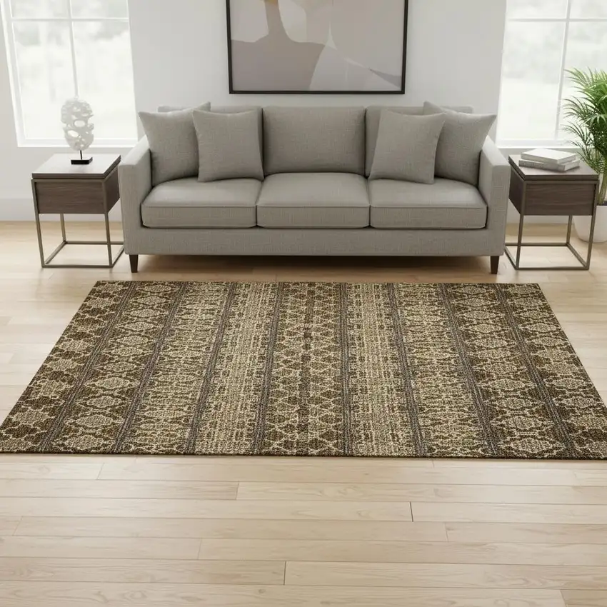 Coffee Taupe And Ivory Ikat Washable Area Rug With UV Protection Photo 2