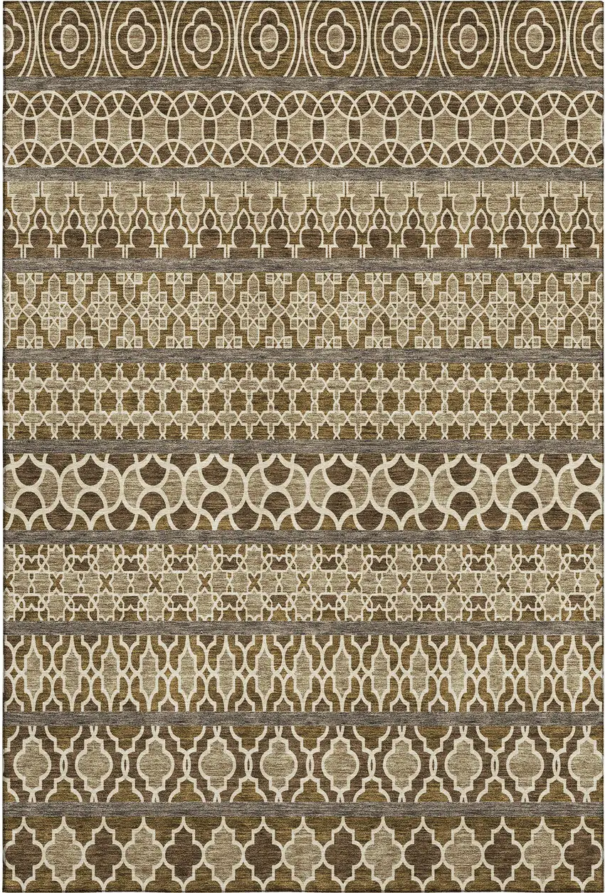Coffee Taupe And Ivory Ikat Washable Area Rug With UV Protection Photo 1