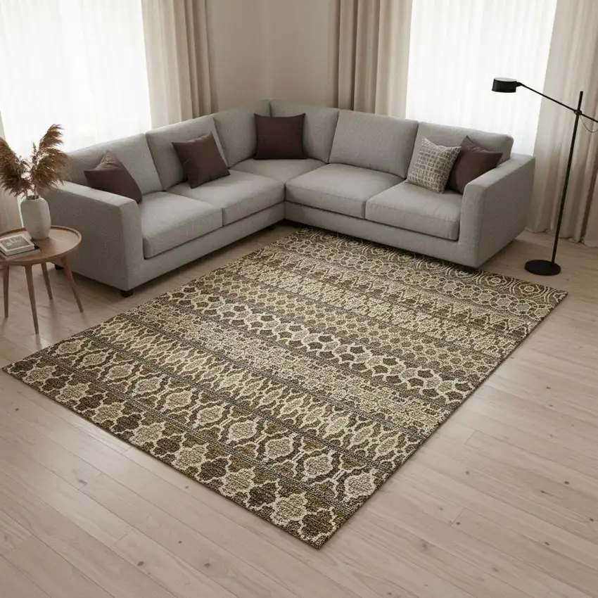 Coffee Taupe And Ivory Ikat Washable Area Rug With UV Protection Photo 2