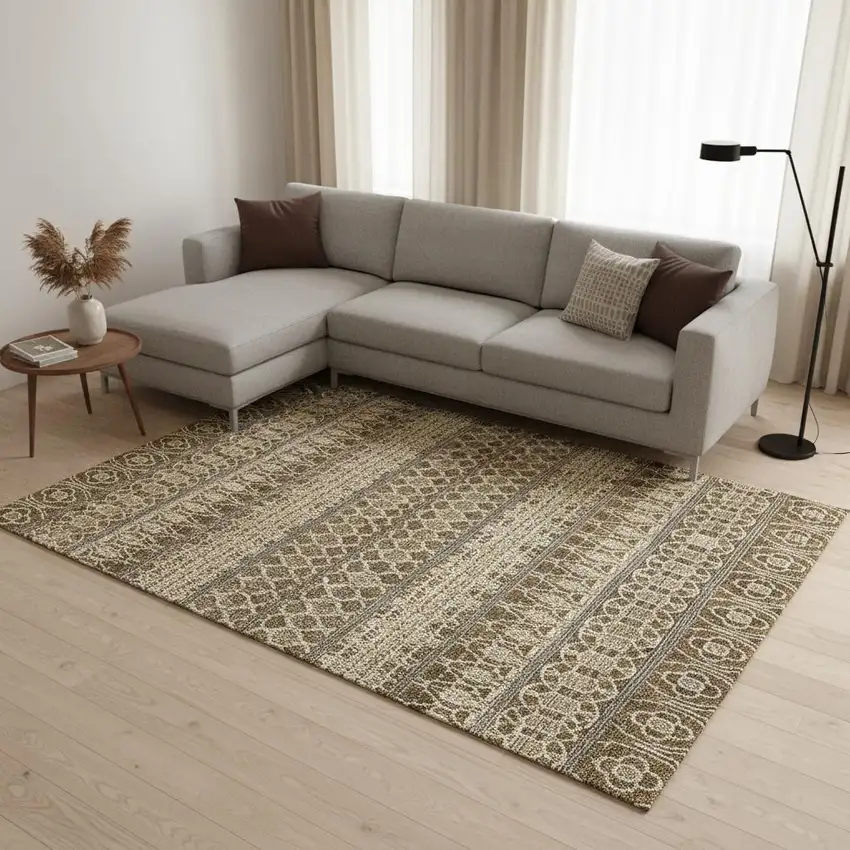 Coffee Taupe And Ivory Ikat Washable Area Rug With UV Protection Photo 2