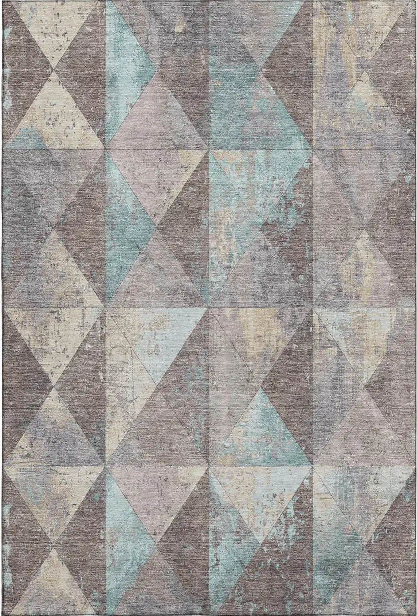 Coffee Teal And Beige Geometric Washable Area Rug With UV Protection Photo 1