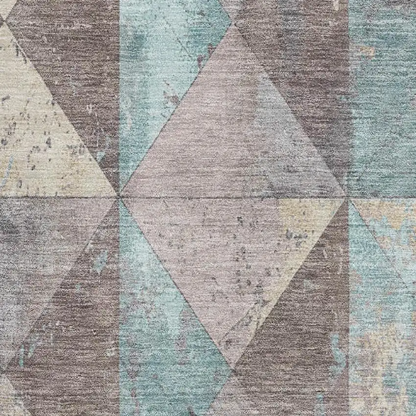 Coffee Teal And Beige Geometric Washable Area Rug With UV Protection Photo 2