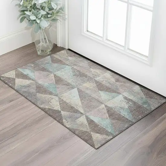 Coffee Teal And Beige Geometric Washable Area Rug With UV Protection Photo 2