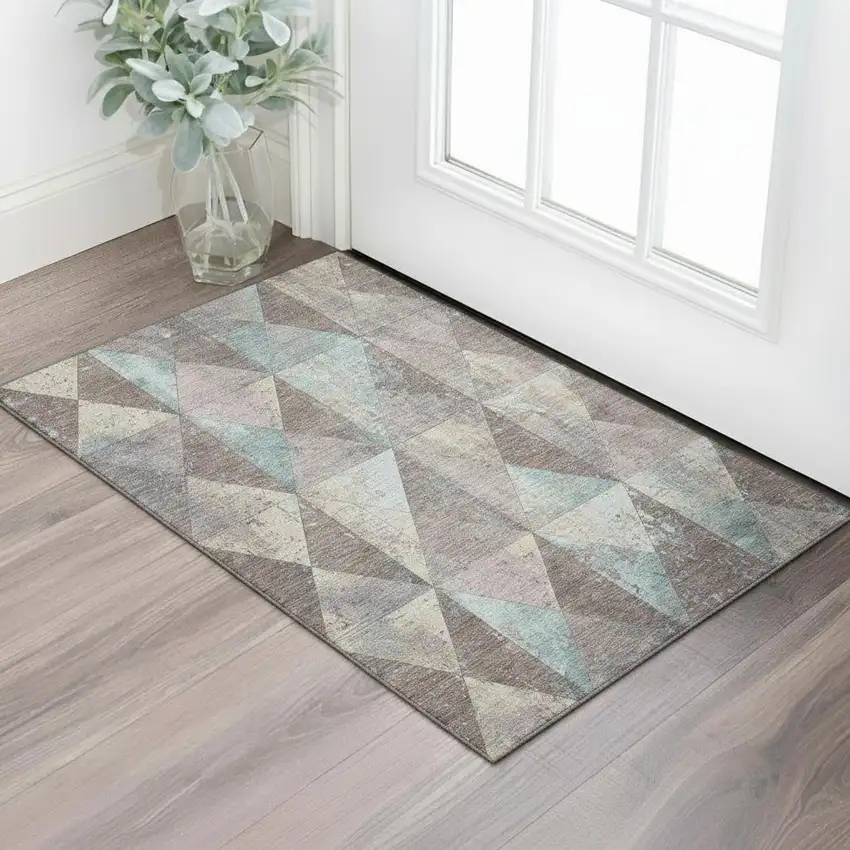Coffee Teal And Beige Geometric Washable Area Rug With UV Protection Photo 2