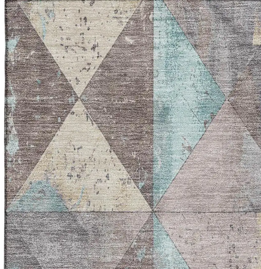 Coffee Teal And Beige Geometric Washable Area Rug With UV Protection Photo 2