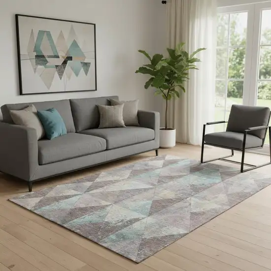 Coffee Teal And Beige Geometric Washable Area Rug With UV Protection Photo 2