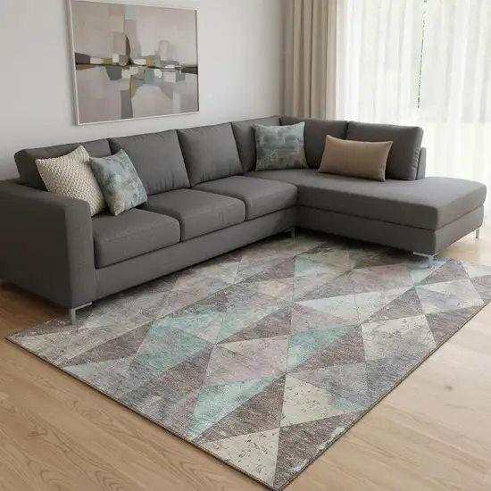 Coffee Teal And Beige Geometric Washable Area Rug With UV Protection Photo 2