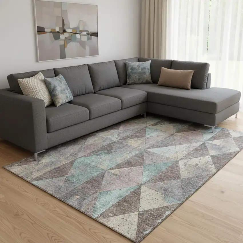 Coffee Teal And Beige Geometric Washable Area Rug With UV Protection Photo 2