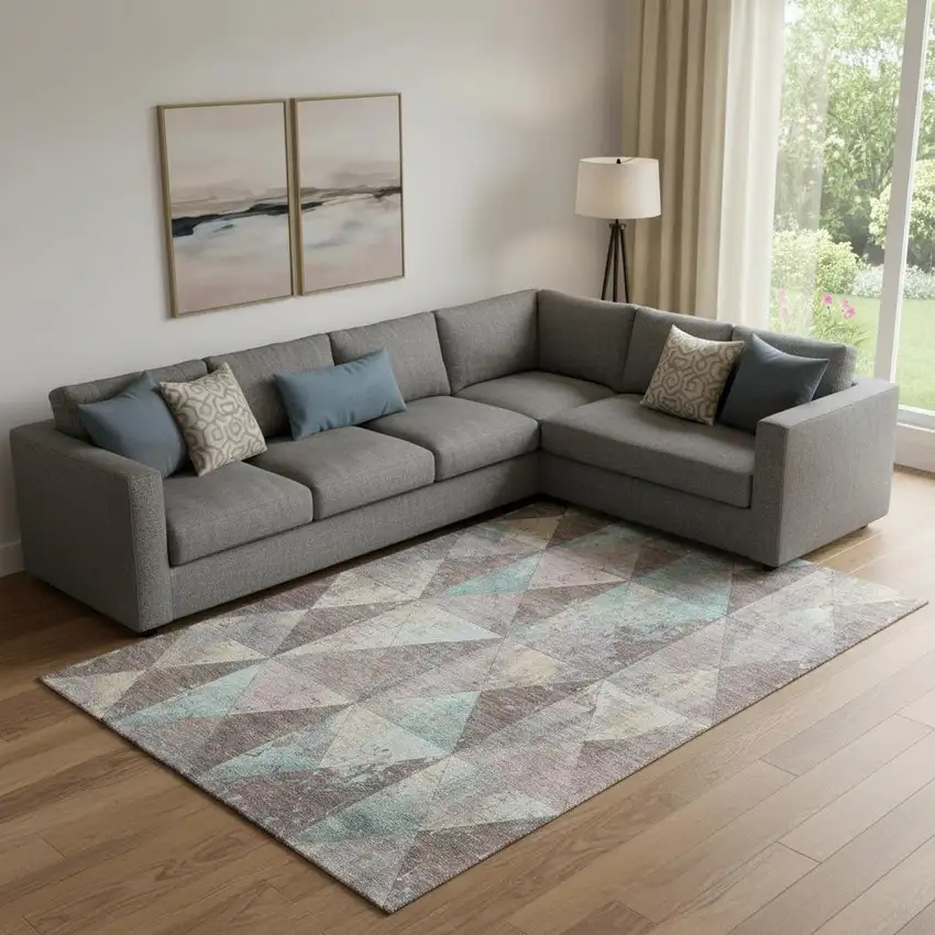 Coffee Teal And Beige Geometric Washable Area Rug With UV Protection Photo 2