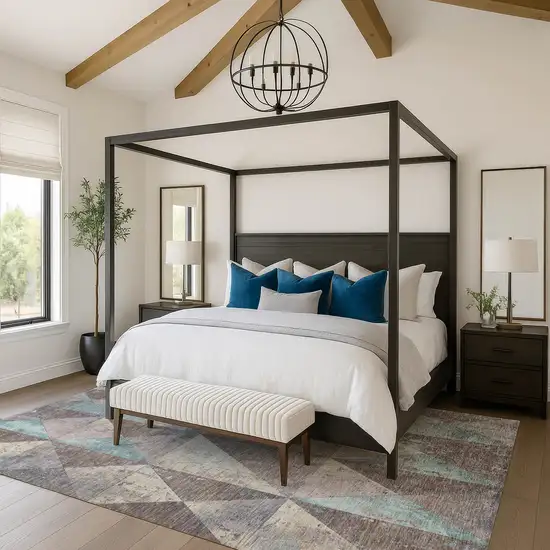 Coffee Teal And Beige Geometric Washable Area Rug With UV Protection Photo 4