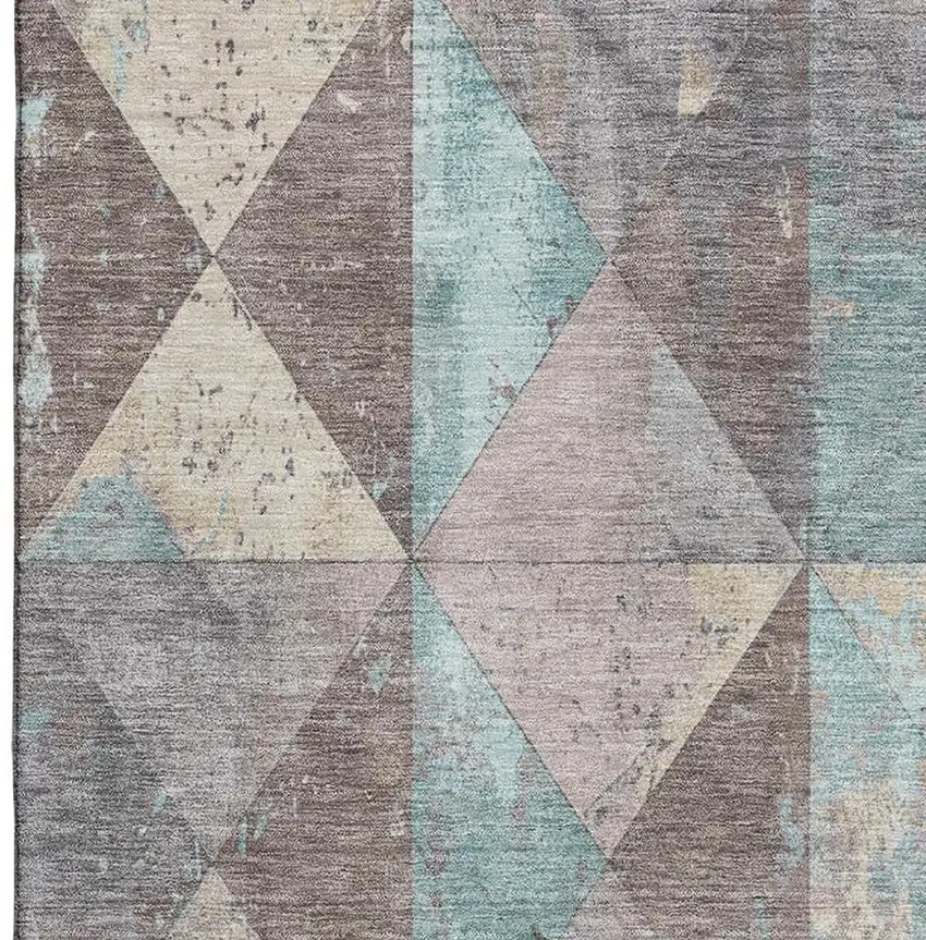 Coffee Teal And Beige Geometric Washable Area Rug With UV Protection Photo 2
