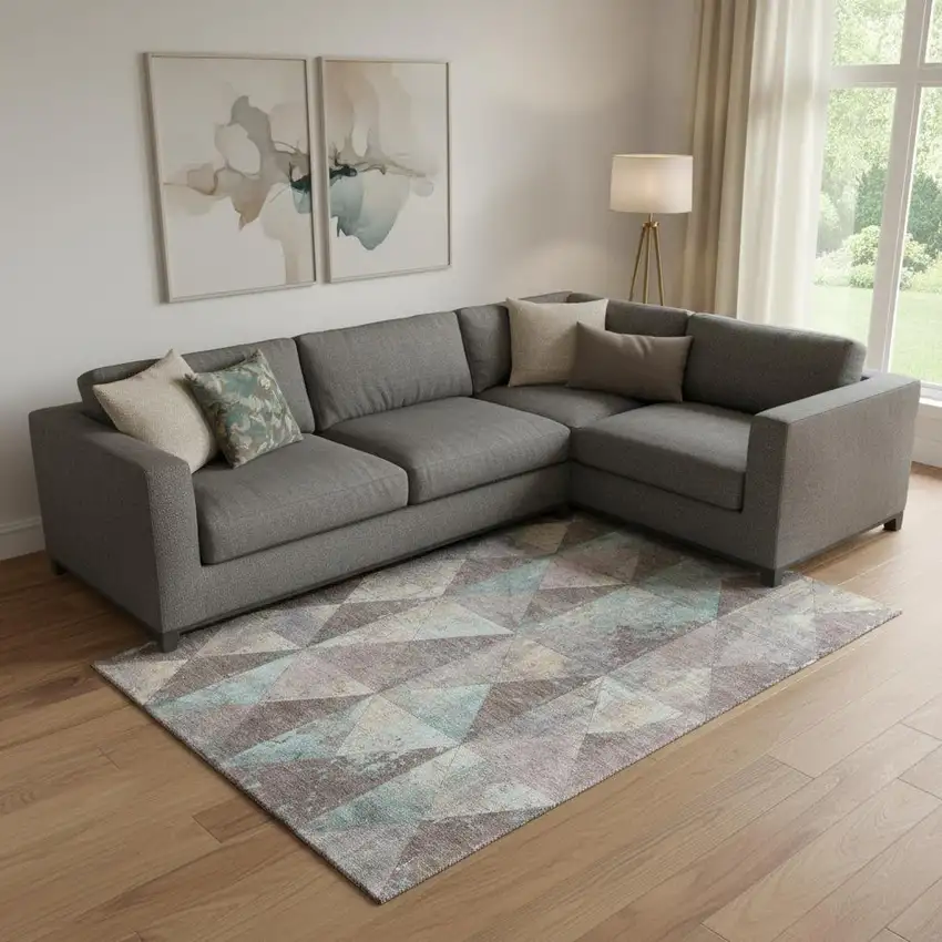 Coffee Teal And Beige Geometric Washable Area Rug With UV Protection Photo 2