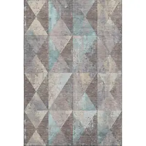 Photo of Coffee Teal And Beige Geometric Washable Area Rug With UV Protection