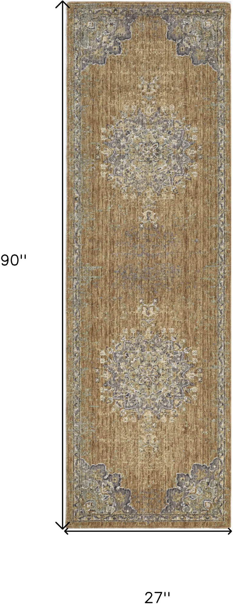 Coffee Vintage Medallion Bordered Wool Indoor Runner Rug Photo 4