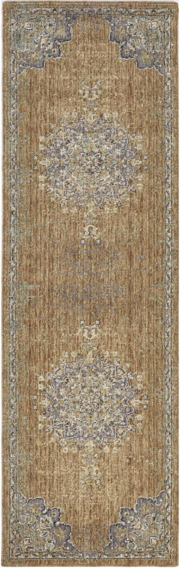 Coffee Vintage Medallion Bordered Wool Indoor Runner Rug Photo 3
