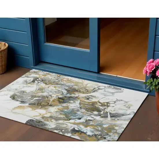 Cool Gray And Gold Abstract Washable Indoor Outdoor Area Rug Photo 1