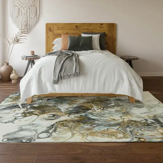 Cool Gray And Gold Abstract Washable Indoor Outdoor Area Rug Photo 7