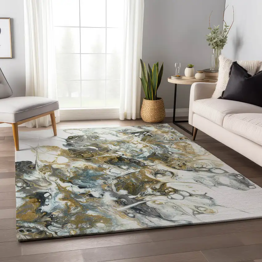 Cool Gray And Gold Abstract Washable Indoor Outdoor Area Rug Photo 8