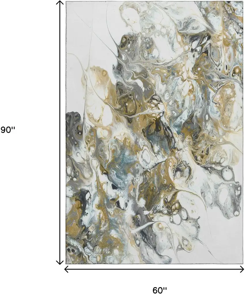 Cool Gray And Gold Abstract Washable Indoor Outdoor Area Rug Photo 3